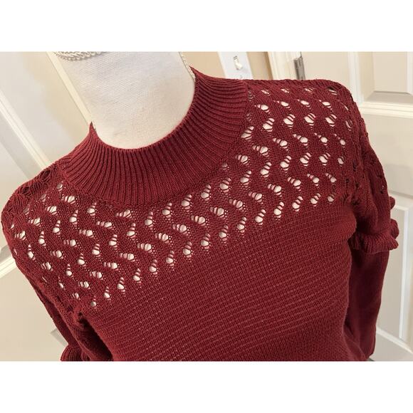 Soho New York & Company Street S Cotton Maroon Red Loose Knit Sweater Ruffle Arm - Picture 2 of 10